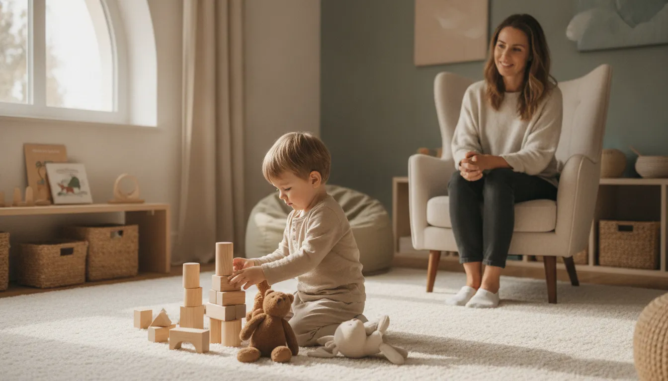 Child exploring what is play therapy activities with a supportive therapist