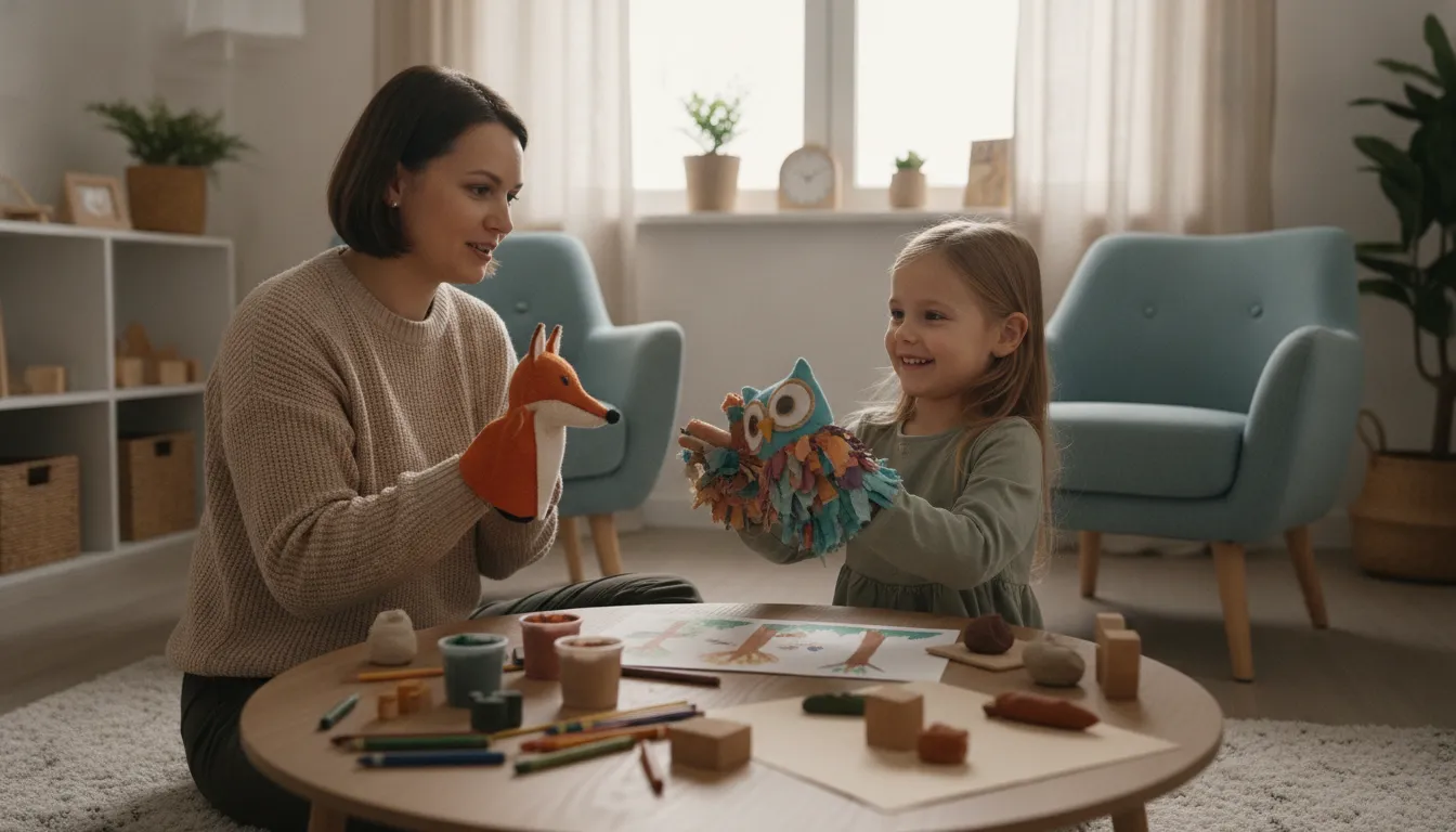Parent and child using a creative play therapy activity in a counseling room