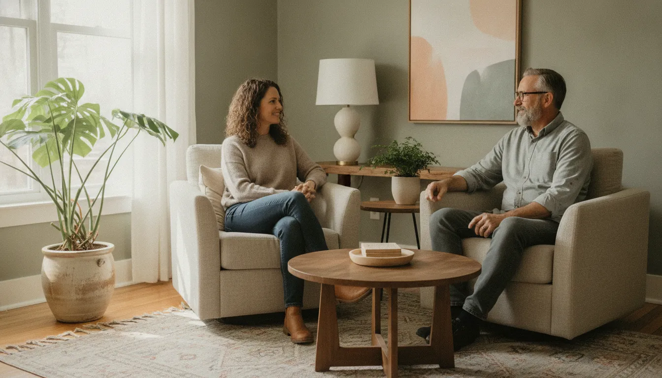 Client and therapist talking in a calm counseling office