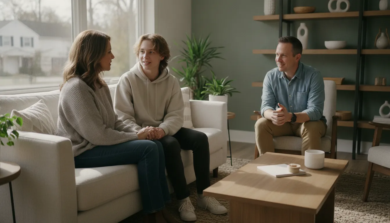 Parent and teen speaking with a therapist in a calm counseling office