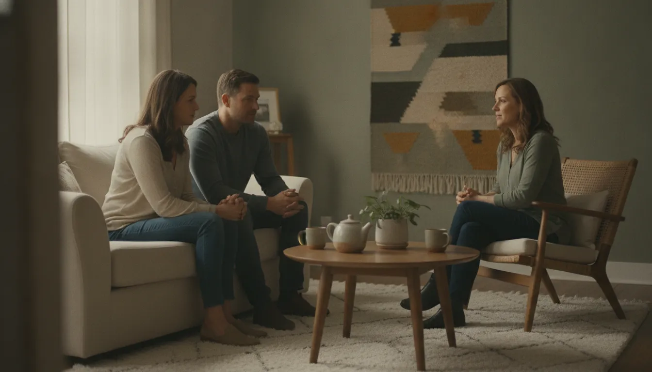 Partners speaking with a therapist in a calm counseling room