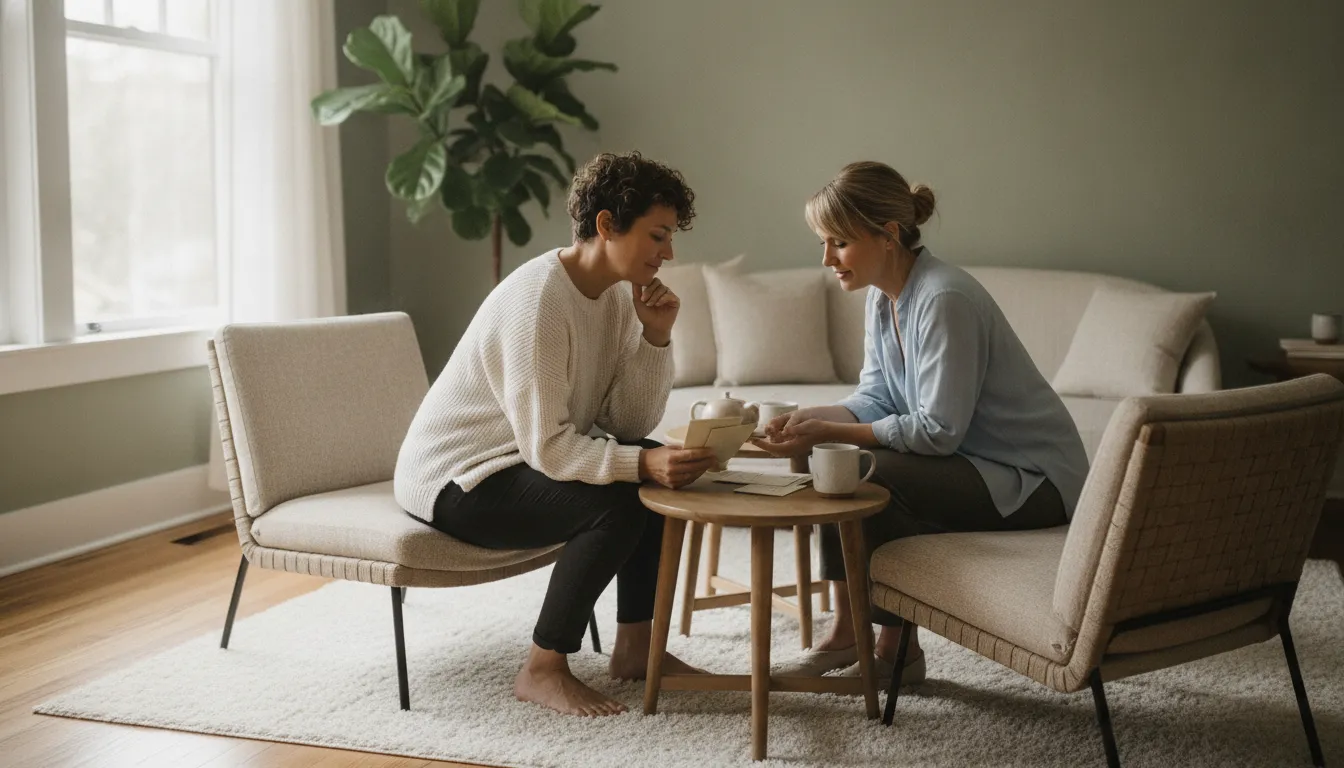 Adult discussing therapist search options with a clinician in a welcoming counseling office