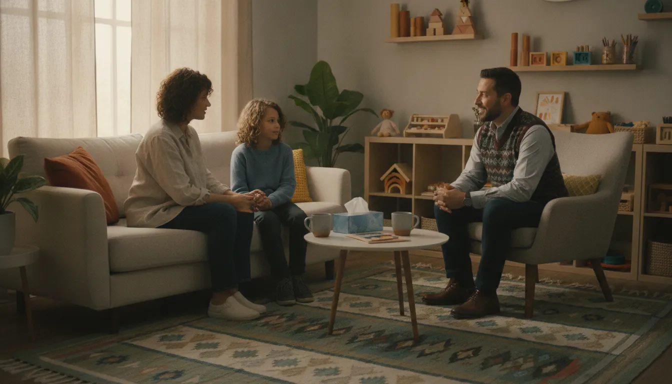 Parent and child speaking with a therapist in a welcoming counseling room