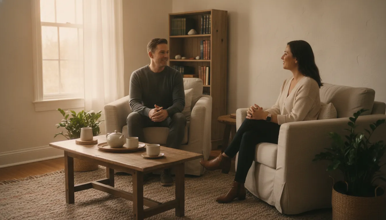 Adult and therapist having a calm conversation in a welcoming counseling office