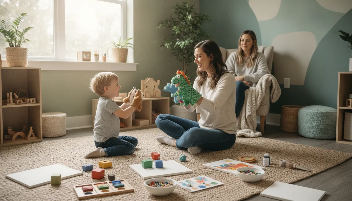 Child and therapist engaged in imaginative play in a calm therapy room