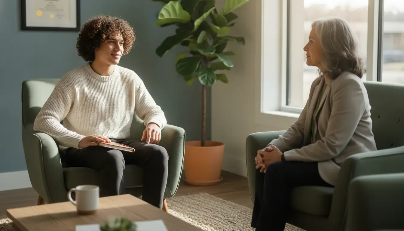 Young adult talking with a therapist in a calm counseling office