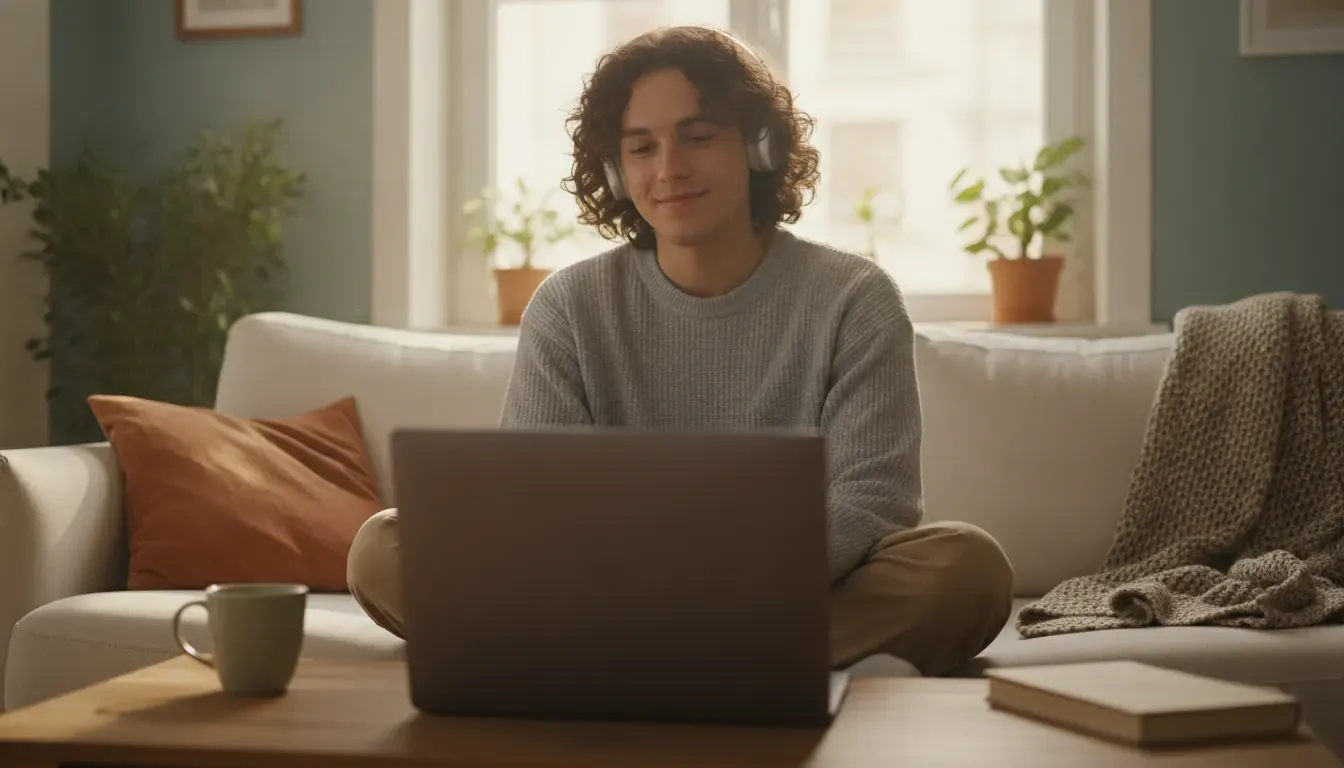 Young adult attending a private telehealth therapy session at home