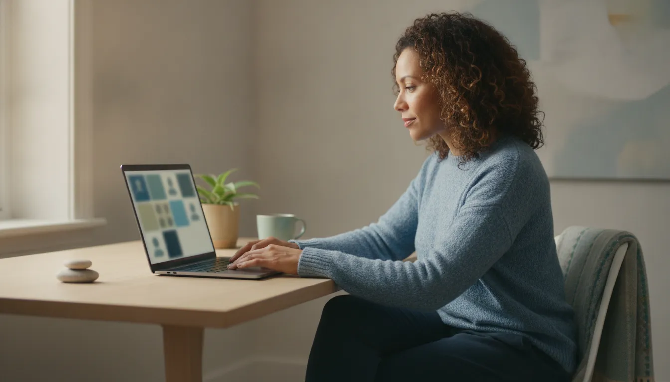 Adult reviewing therapist directory profiles on a laptop at home