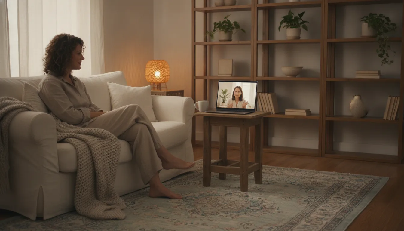 Adult client in a calm private room during a virtual therapy session
