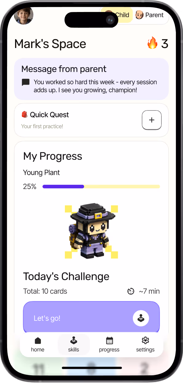 KeepGrow app dashboard showing a child's daily learning tasks and progress
