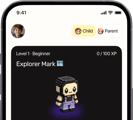 KeepGrow app screen showing a child's skill progress and achievement badges