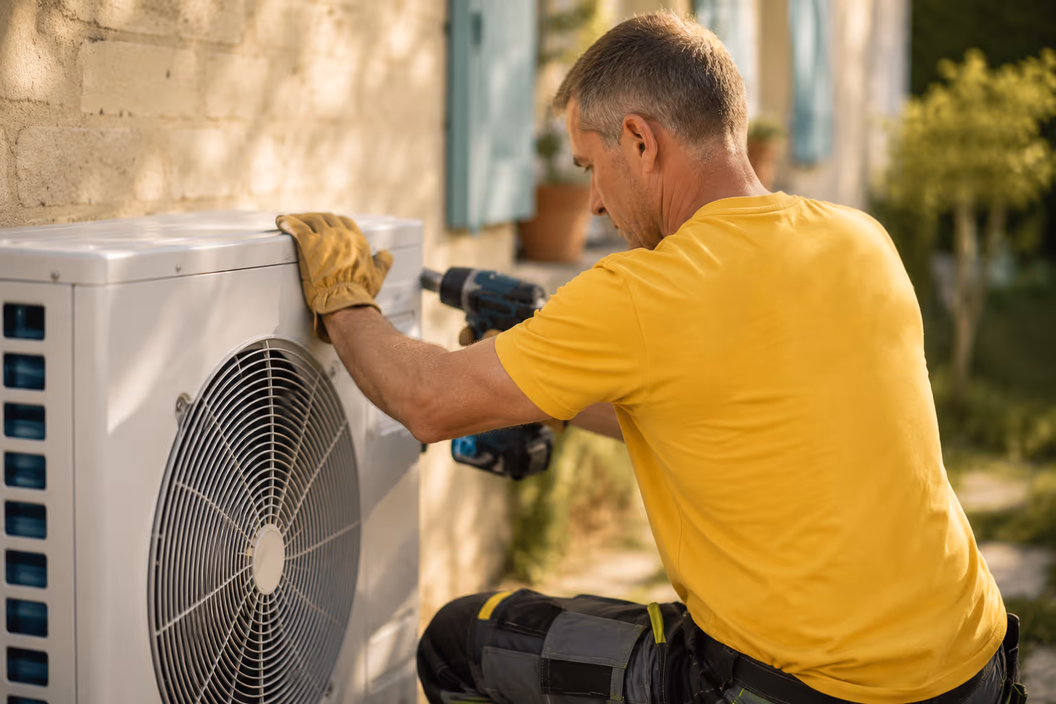 Un homme en gants installe une unité extérieure de climatisation sur un mur extérieur.