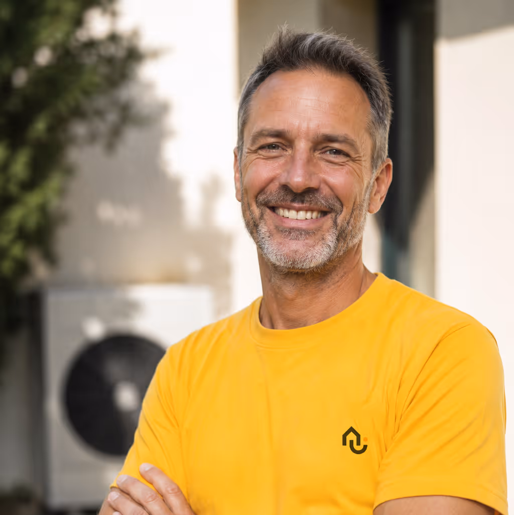 Homme souriant en t-shirt jaune debout dehors avec les bras croisés.