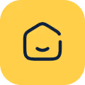 Icône de maison noire avec sourire sur fond jaune arrondi.