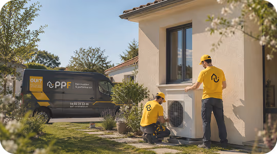 Deux techniciens en jaune installent un climatiseur à l'extérieur d'une maison pendant une journée ensoleillée.