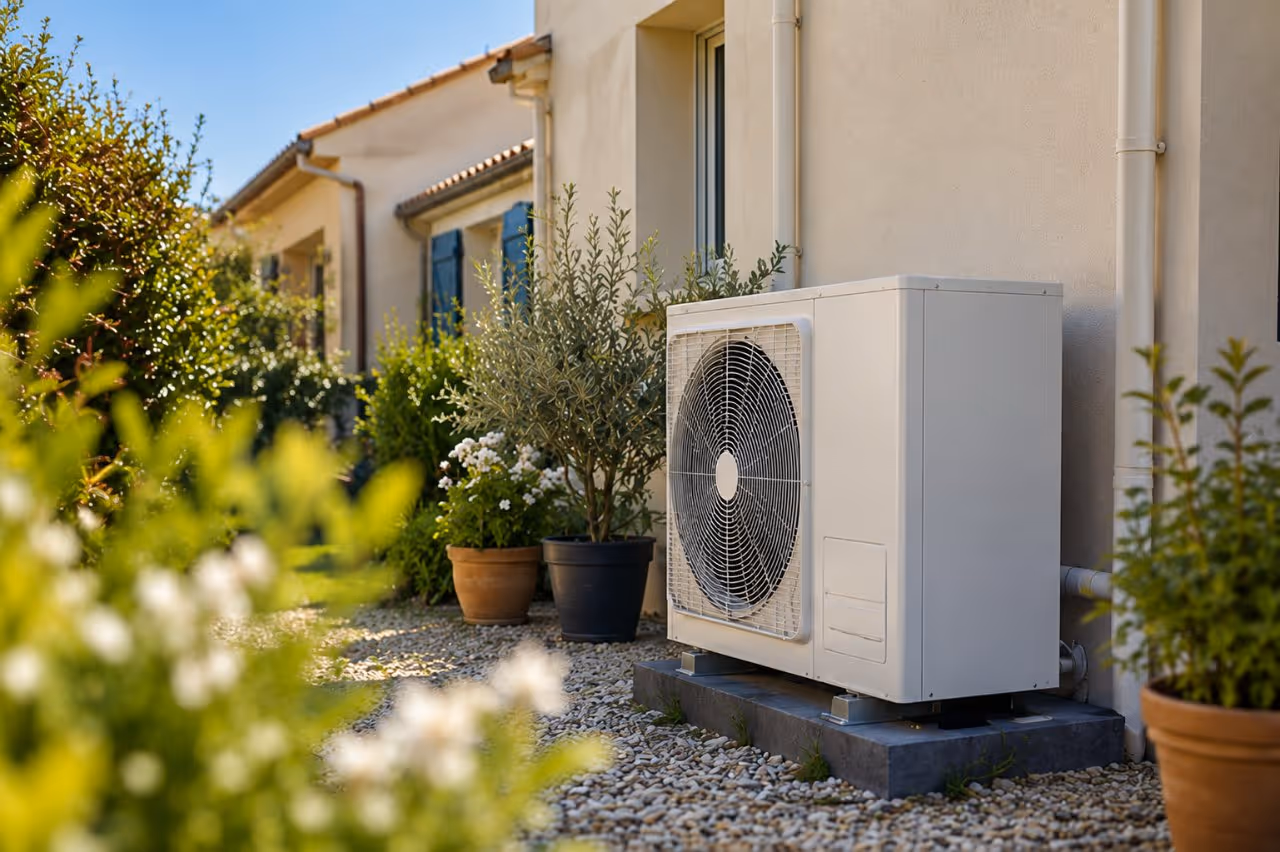 Unité extérieure d’un système de climatisation près d’une maison avec des pots de plantes autour.