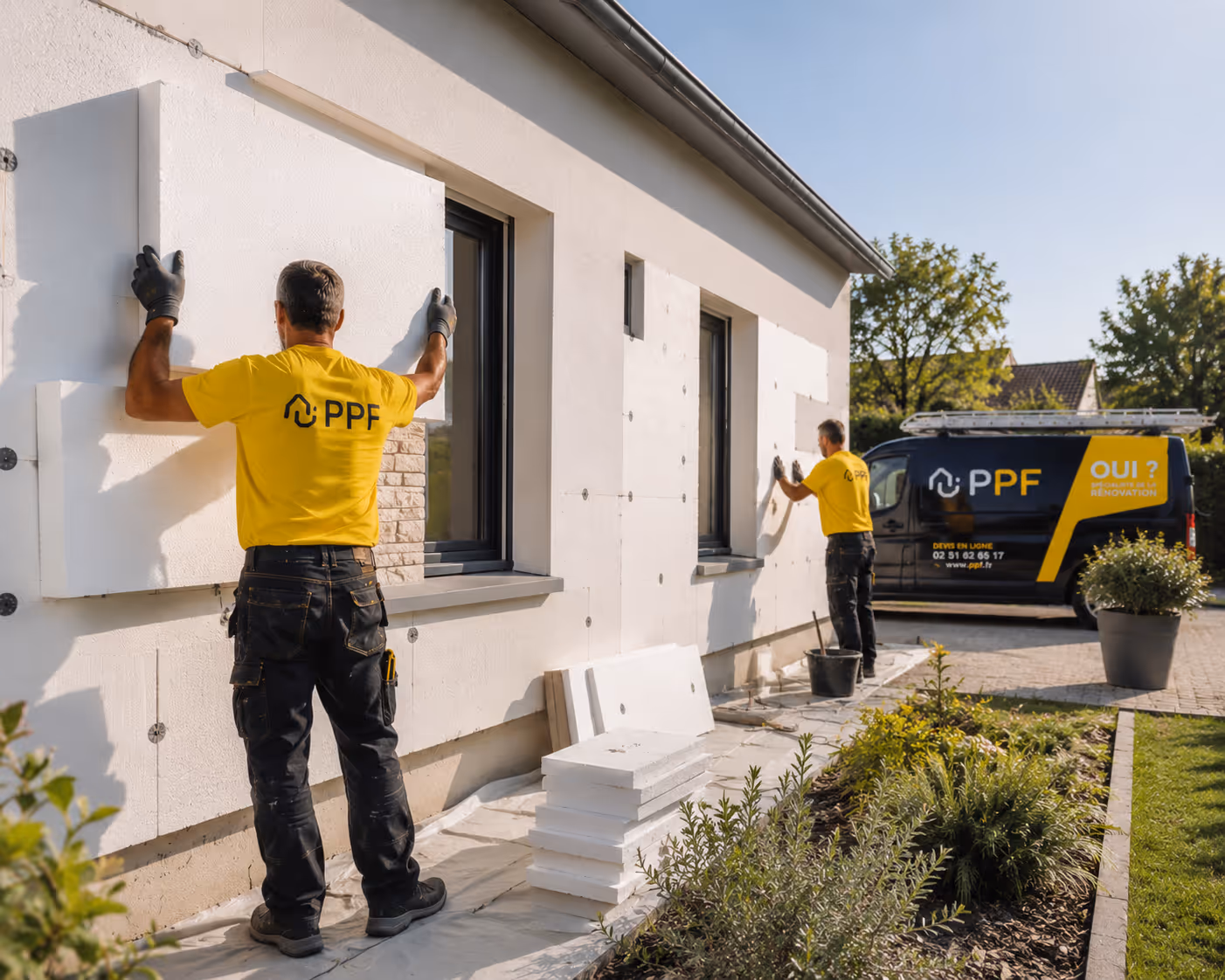 Deux ouvriers installant l'isolation extérieure sur la façade d'une maison par temps ensoleillé.