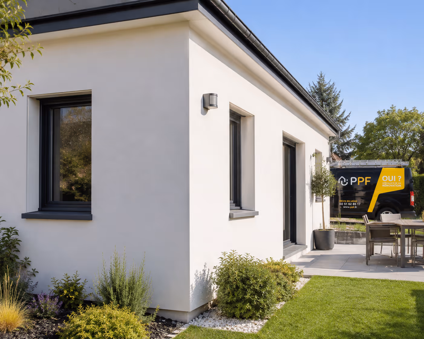 Maison moderne blanche avec jardin, fenêtres noires, terrasse et van PPF à l'arrière-plan.