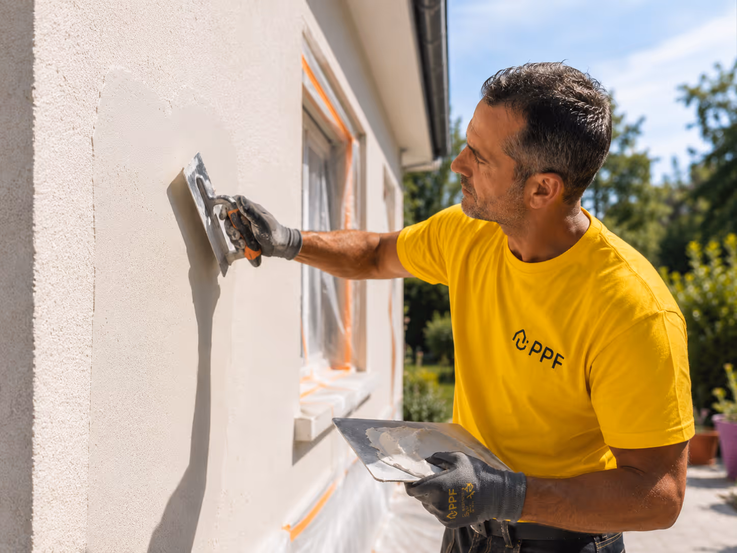 Un ouvrier portant un t-shirt jaune enduit un mur extérieur avec un enduit dans un jardin ensoleillé.