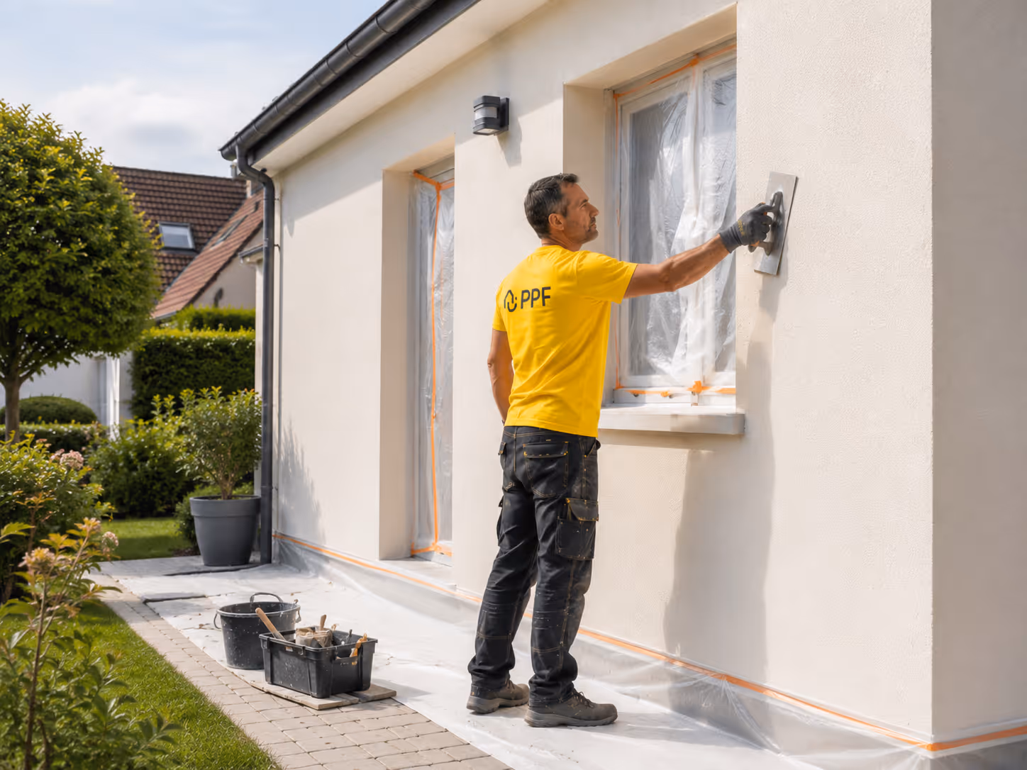 Ouvrier en t-shirt jaune appliquant un enduit sur le mur extérieur clair d'une maison.