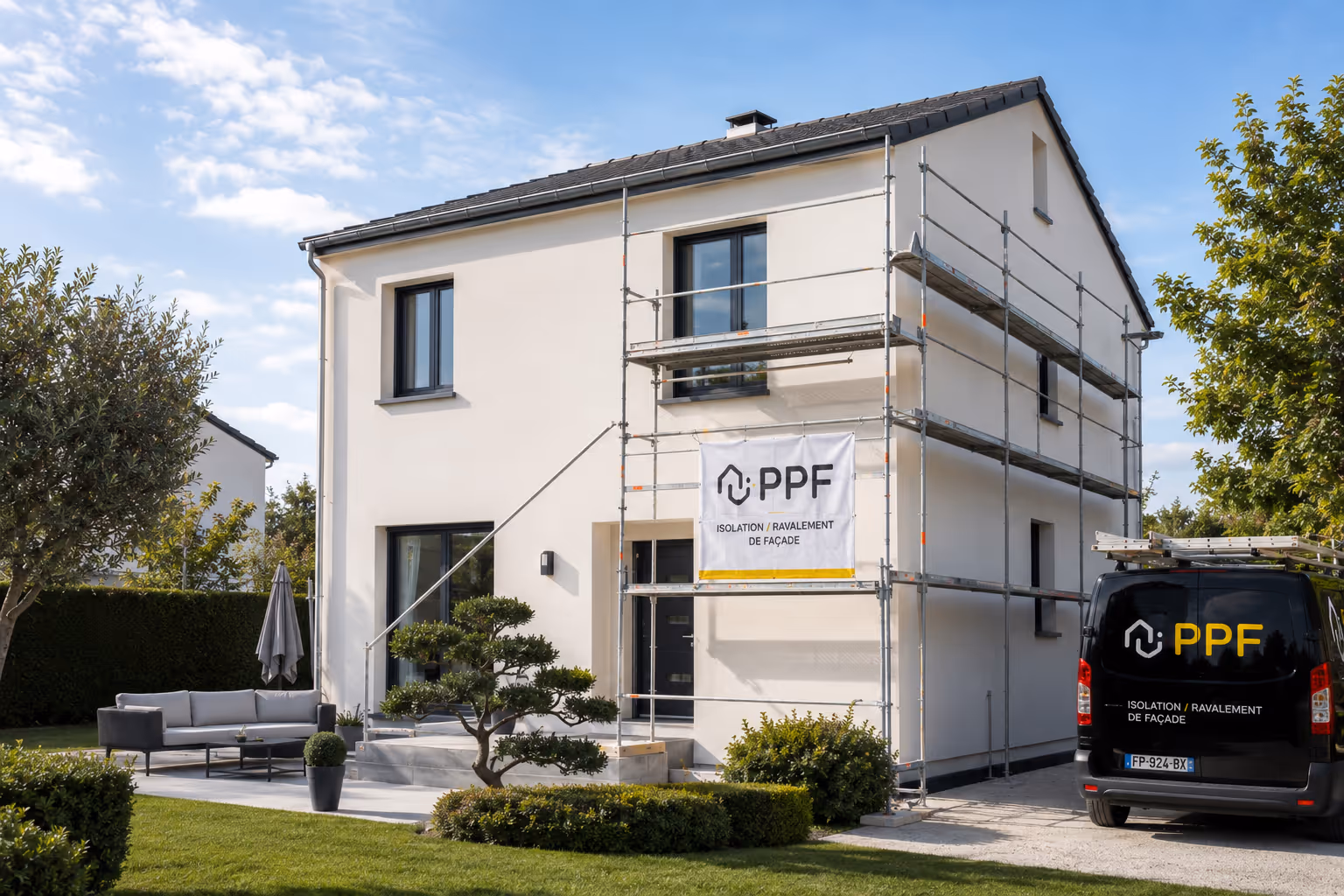 Maison blanche avec échafaudage et camion PPF pour isolation et ravalement de façade.