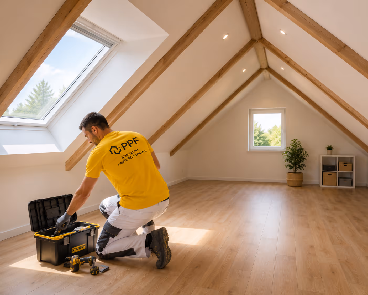 Ouvrier en polo jaune avec boîte à outils travaille dans une pièce mansardée vide et lumineuse.