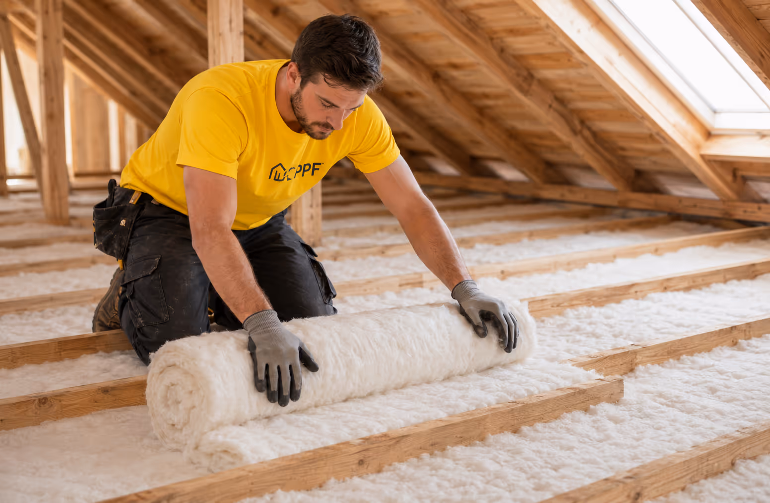Un homme pose un rouleau d’isolation en laine dans un grenier en bois.