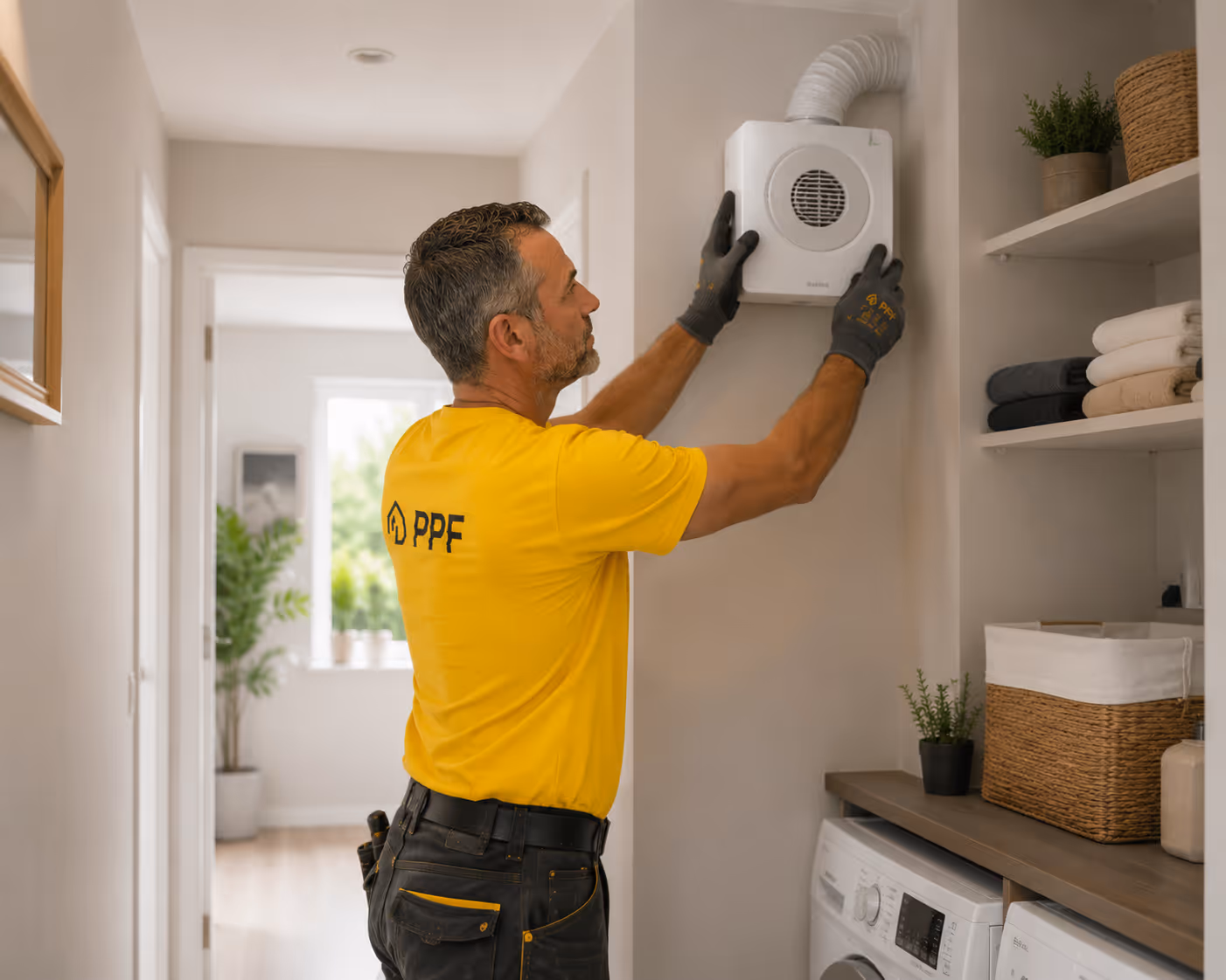 Technicien en t-shirt jaune installe un ventilateur mural dans une buanderie blanche avec machine à laver.