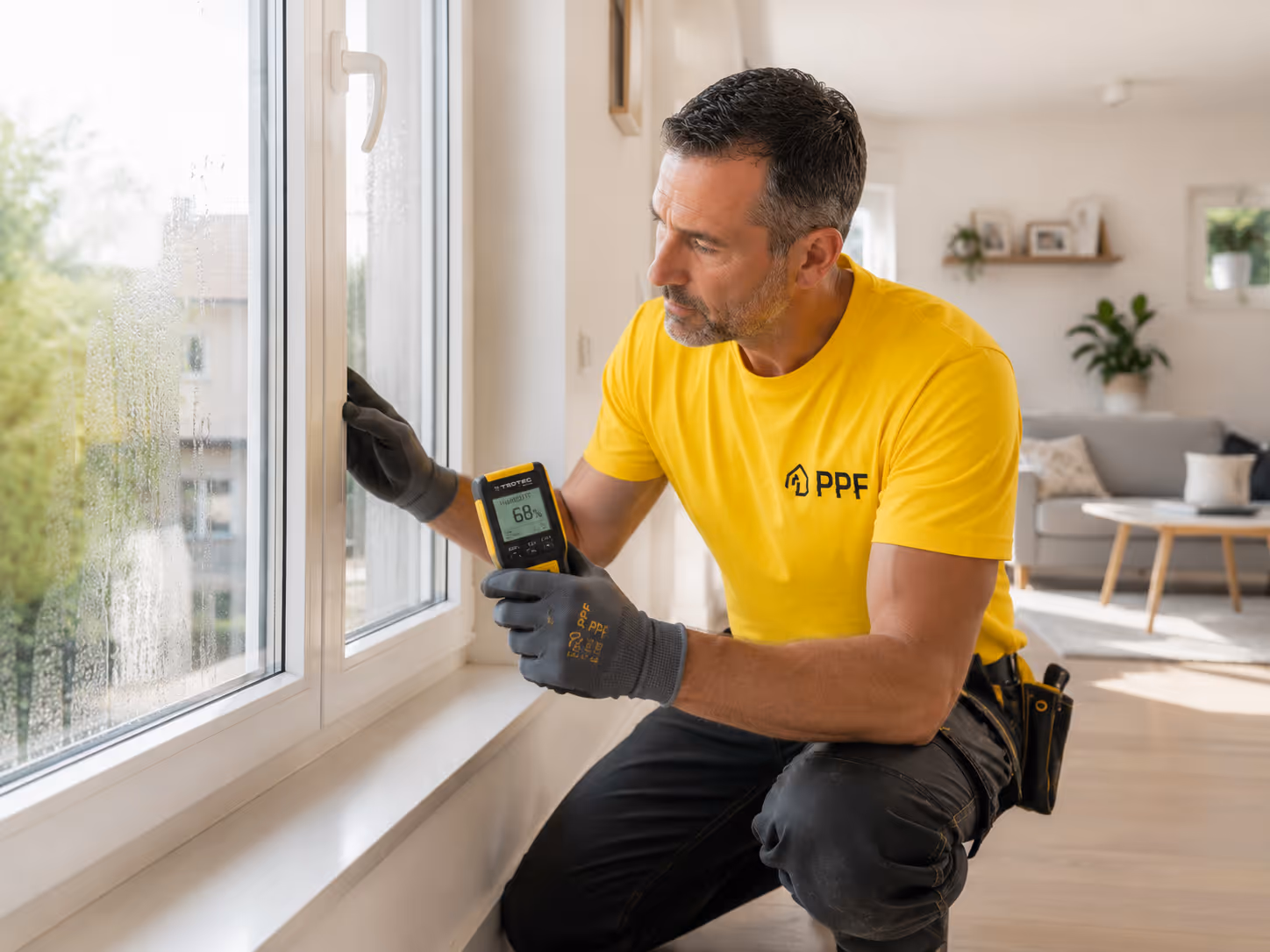 Homme en T-shirt jaune avec logo PPF mesurant l'humidité d'une fenêtre intérieure.