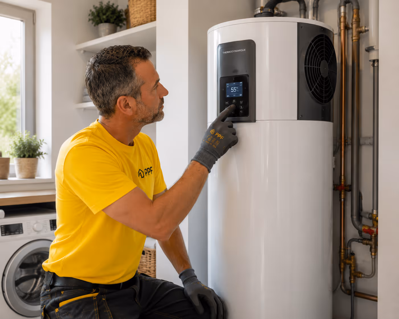 Technicien règle un chauffe-eau dans une buanderie moderne avec lave-linge et plantes.