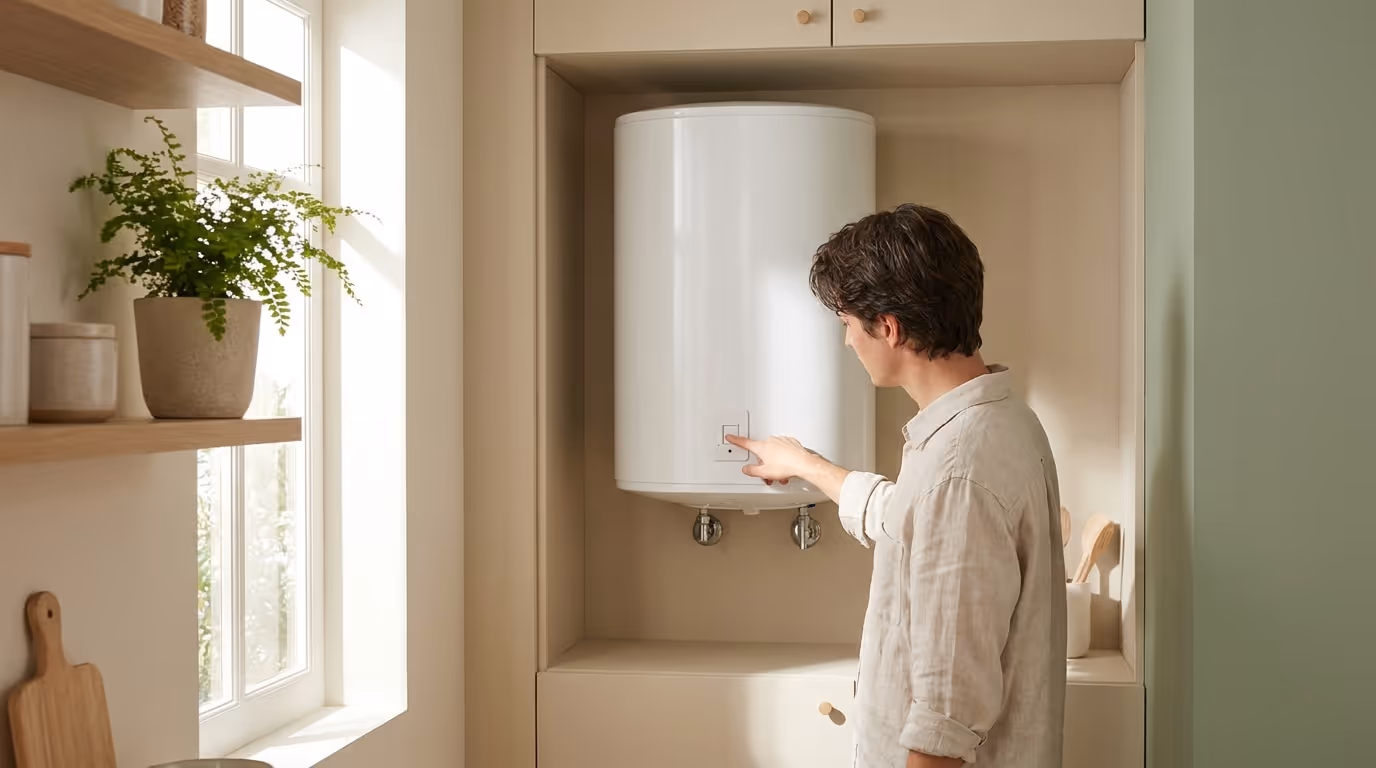 Homme activant un chauffe-eau blanc mural dans une cuisine lumineuse et ordonnée.