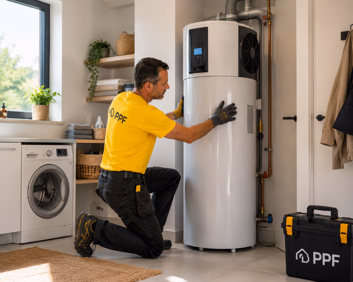 Un technicien en gants et t-shirt jaune installe un chauffe-eau dans une buanderie moderne.