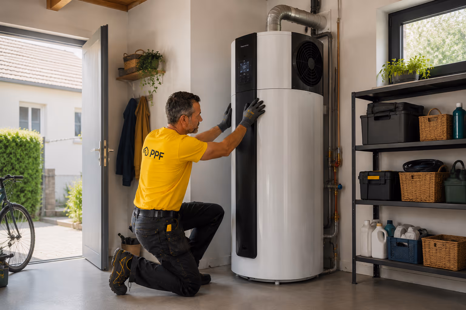 Technicien en t-shirt jaune installe une pompe à chaleur dans un garage bien rangé.