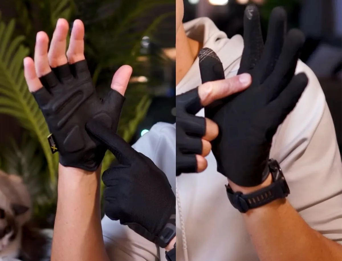Side-by-side comparison of LAMEDA 2039 fingerless cycling gloves on the left showing palm padding and open finger design, and Giro Trixter full-finger cycling gloves on the right showing complete finger coverage and grip texture, both in black
