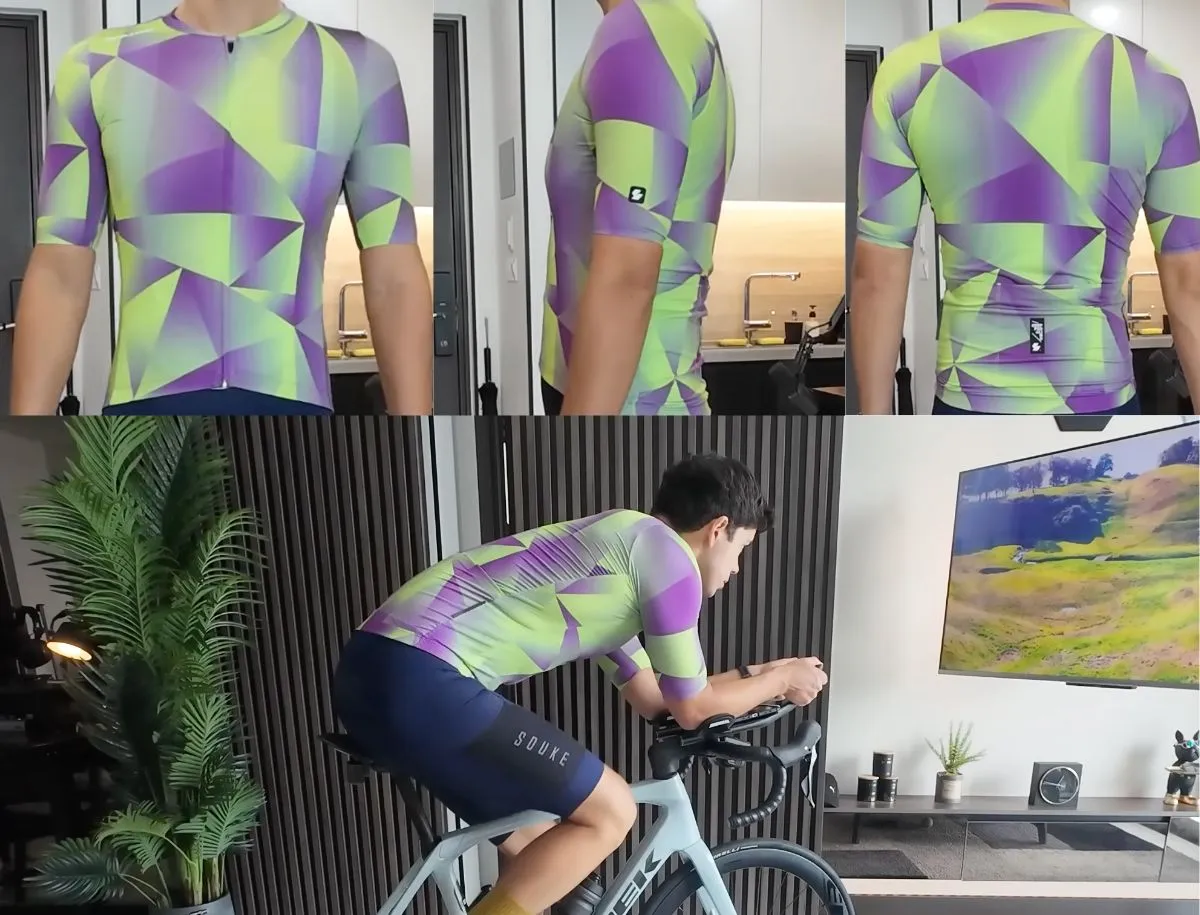 Mike Dee wearing a bright green and purple geometric-pattern SOUKE cycling jersey shown from front, side, and rear angles standing indoors, plus a lower panel showing the same jersey worn in an aggressive road riding position on a Trek bike indoors