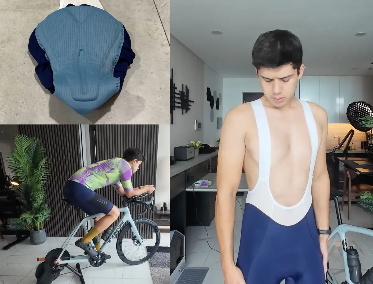 Three-panel image showing a SOUKE bib shorts chamois pad close-up on the top left, a male cyclist riding a Trek road bike on an indoor trainer wearing SOUKE bibs on the bottom left, and a frontal fit shot of the SOUKE bib shorts being worn on the right