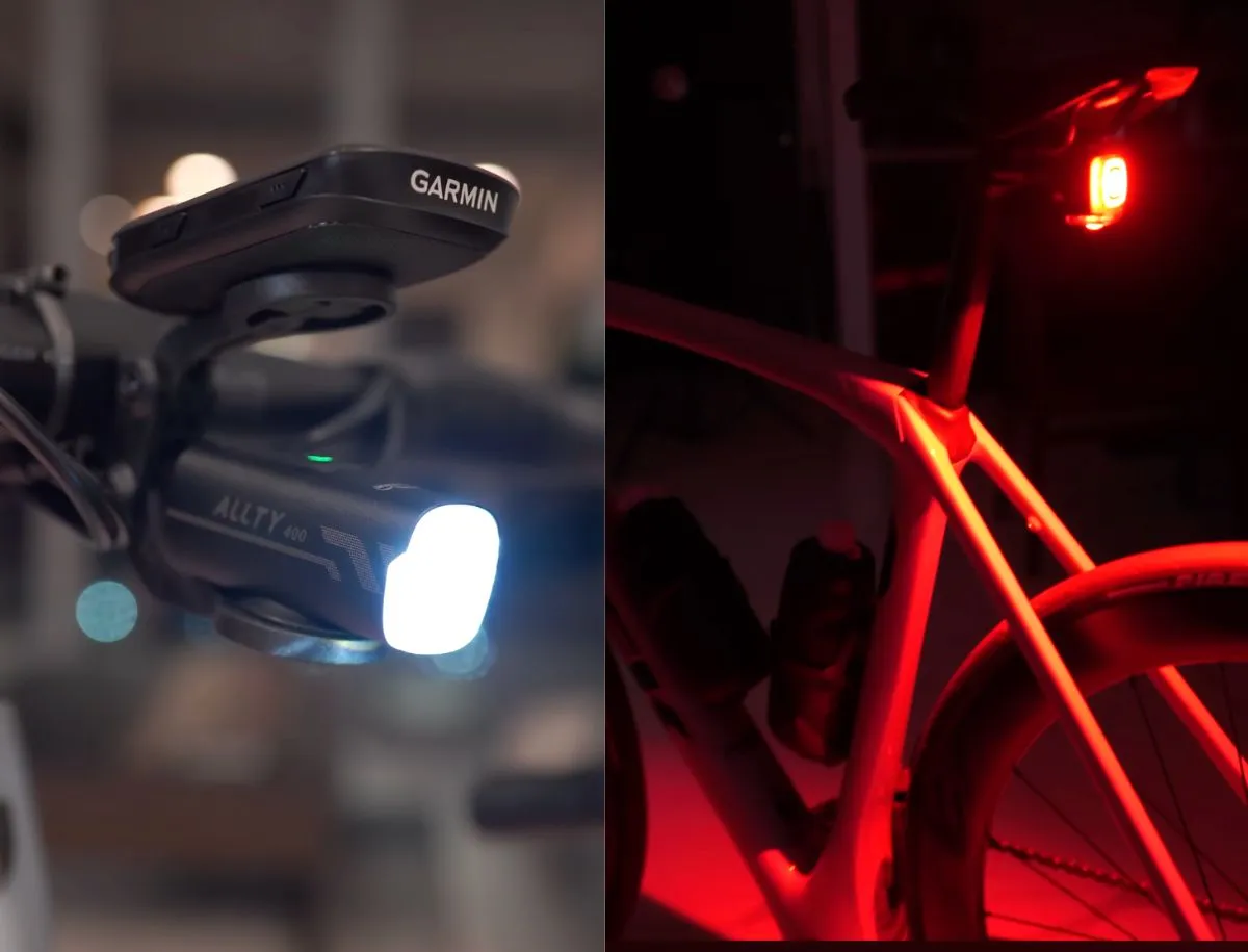 Split image showing a Magicshine Allty 400 front light mounted below a Garmin computer on the left, and Seemee 200 v3 rear light glowing on a bike frame at night on the right