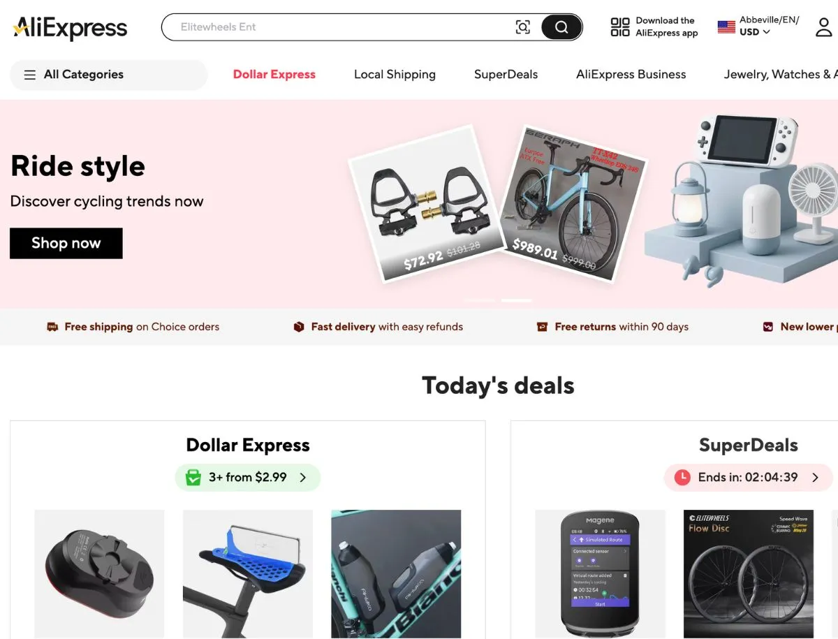 Screenshot of the AliExpress homepage showing a cycling-themed banner with pedals and road bike deals, alongside a SuperDeals section featuring Magene cycling computer, Elitewheels Flow Disc wheelset, and RC703 cycling shoes