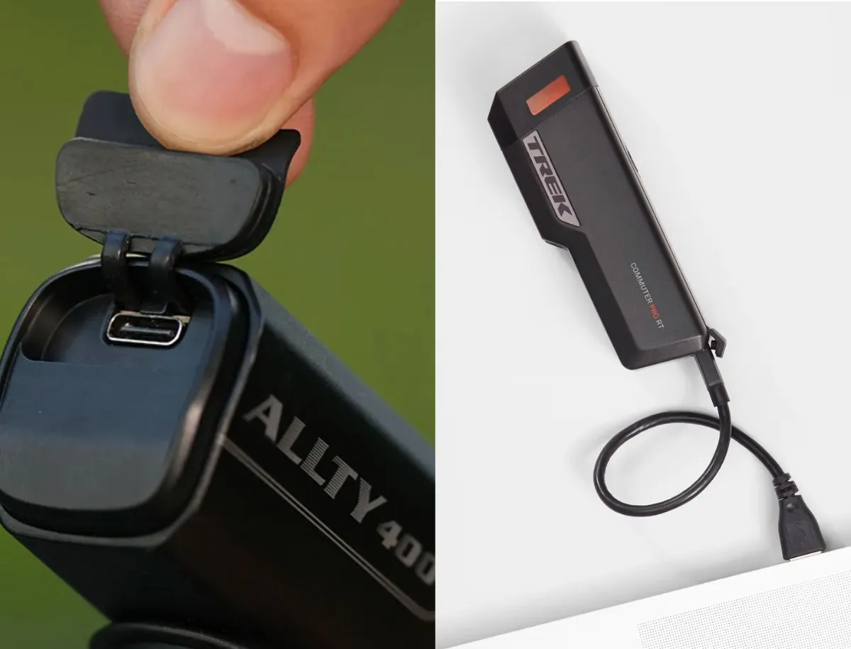 Split image showing the Magicshine Allty 400 charging port under an open rubber cover on the left, and the Trek Commuter Pro RT with its proprietary micro-USB charging cable on the right against a white background