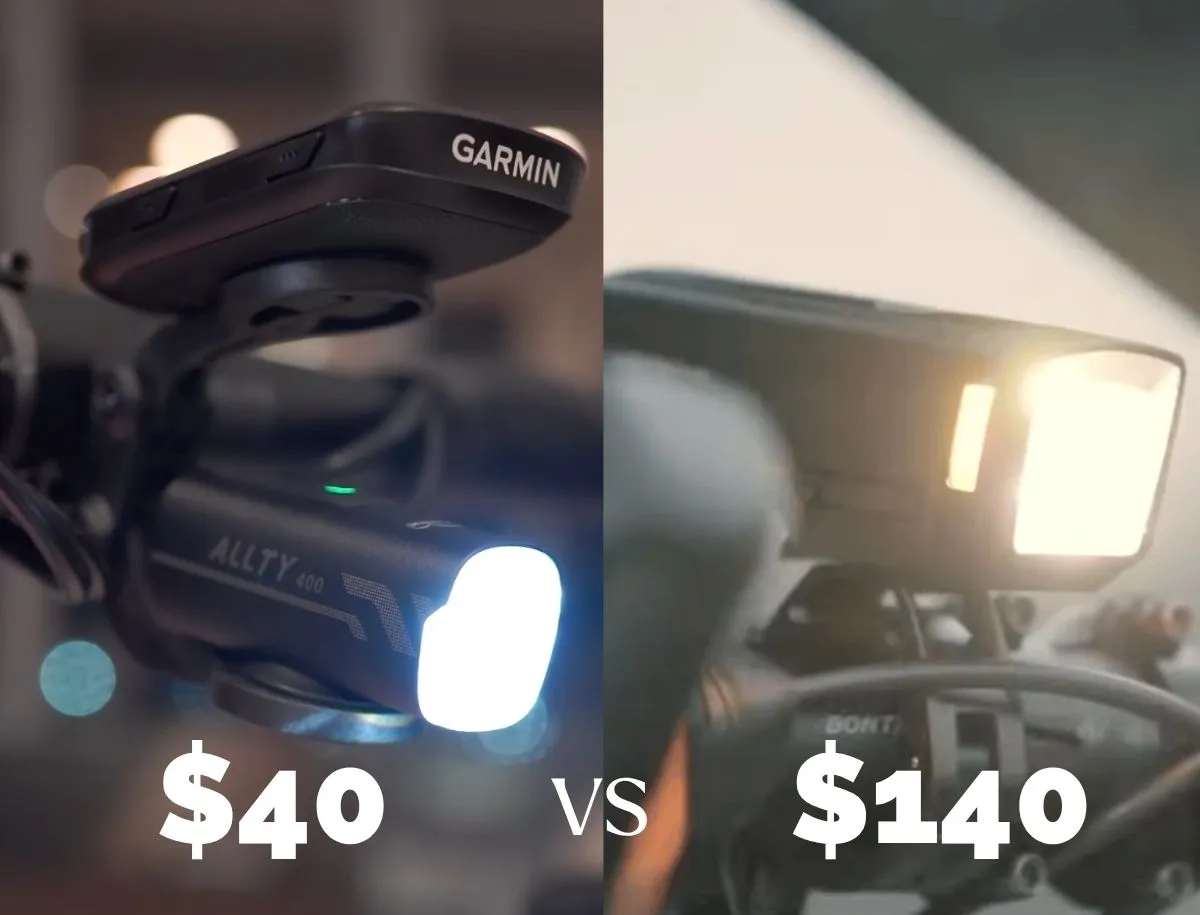 Split price comparison image showing the Magicshine Allty 400 front bike light labeled $40 on the left and the Trek Commuter Pro RT labeled $140 on the right, both mounted and illuminated