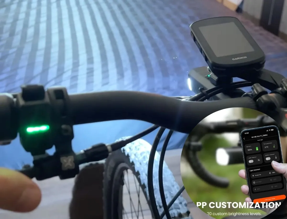 Magicshine Allty 1200 front bike light mounted under a Garmin Edge cycling computer on a handlebar, with an inset smartphone screenshot showing the Magicshine app displaying 20 custom brightness level modes at 31 degrees Celsius battery temperature
