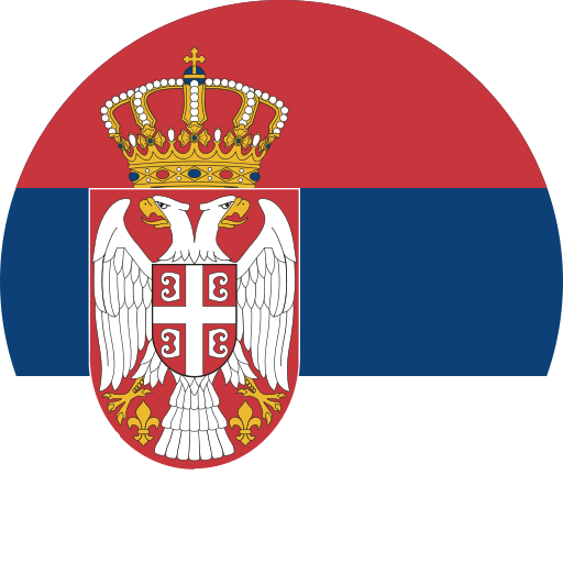 Circular Serbian flag with red, blue, and white stripes and a crowned double-headed eagle emblem.