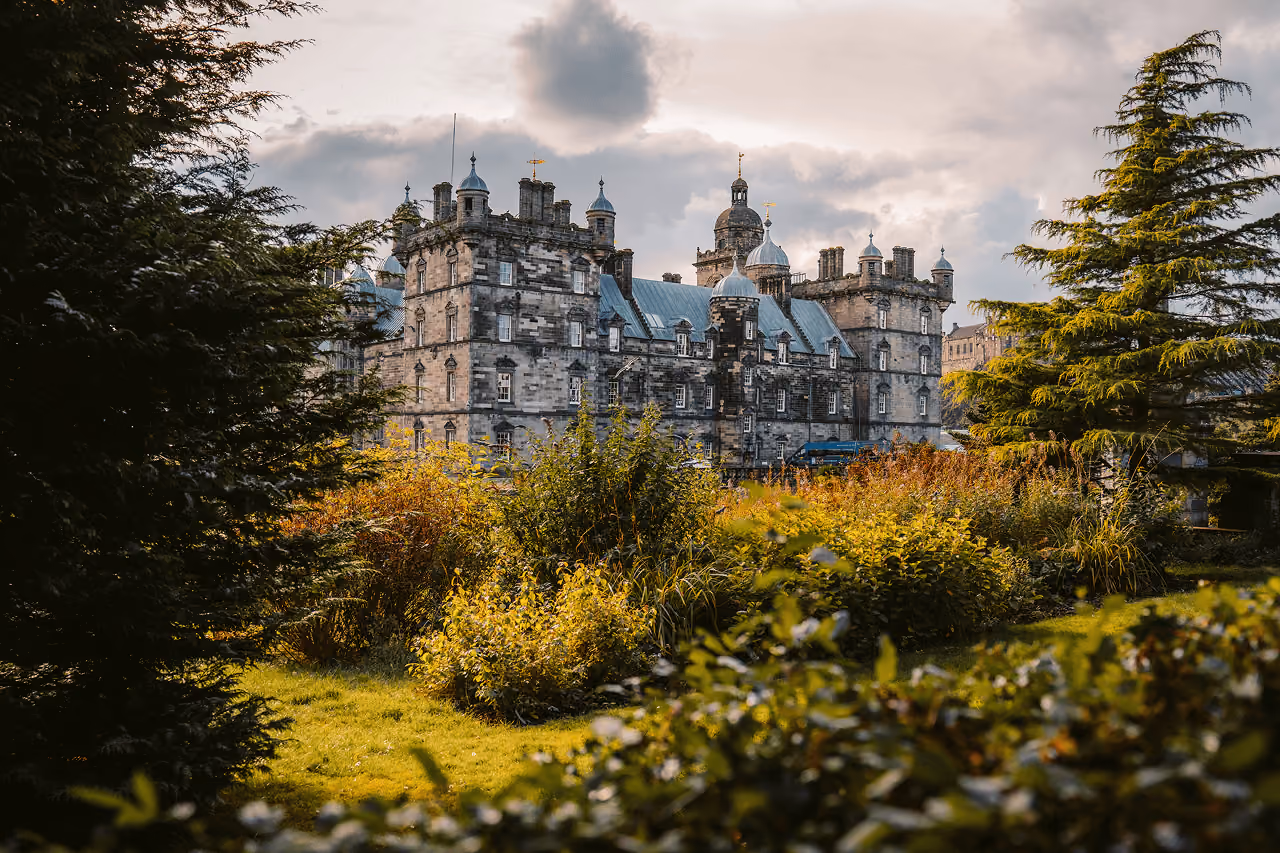 George Heriot's School baroque architecture rising above colourful autumn gardens in Edinburgh