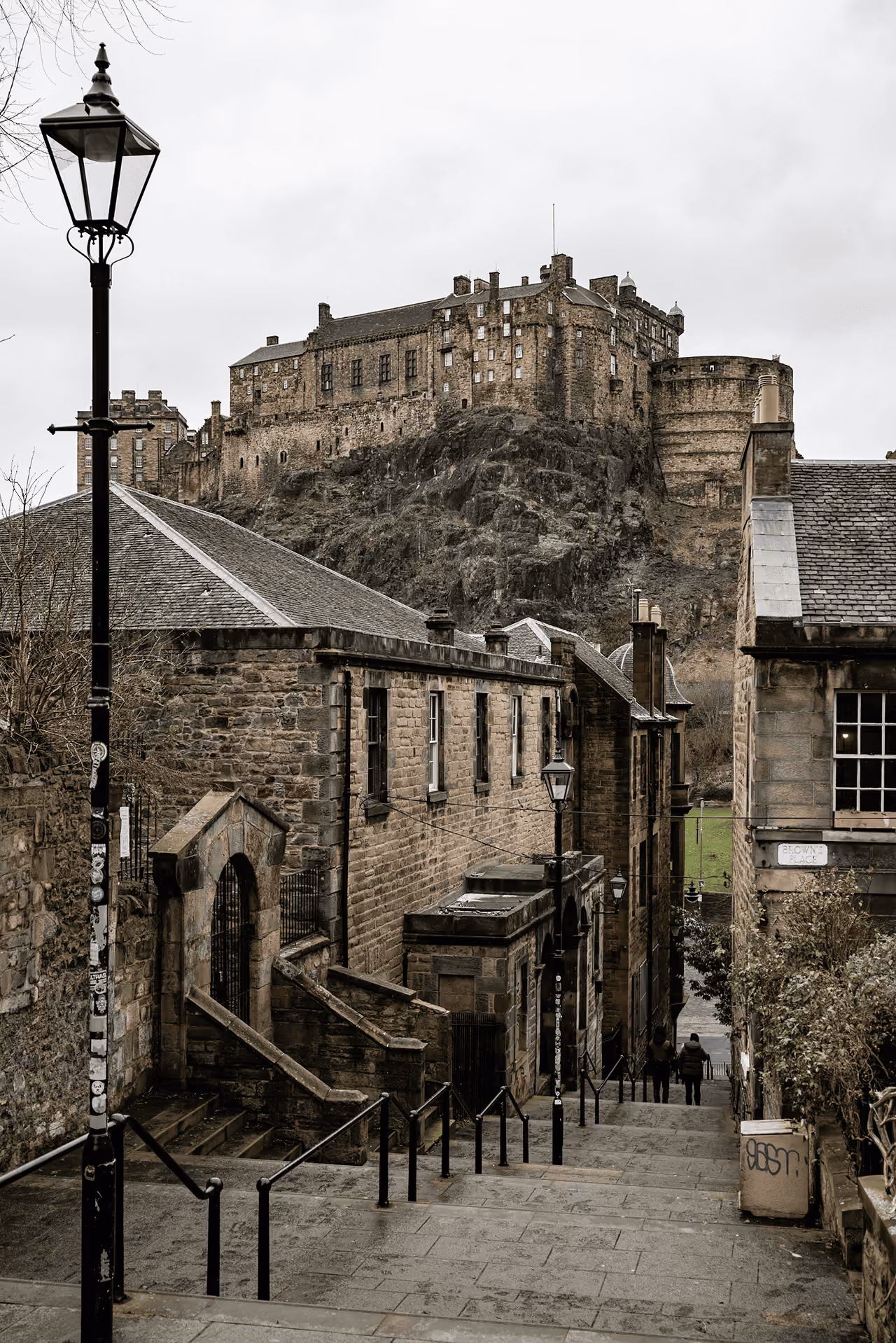 The Vennel steps in Edinburgh's Old Town looking up towards Edinburgh Castle on its volcanic crag