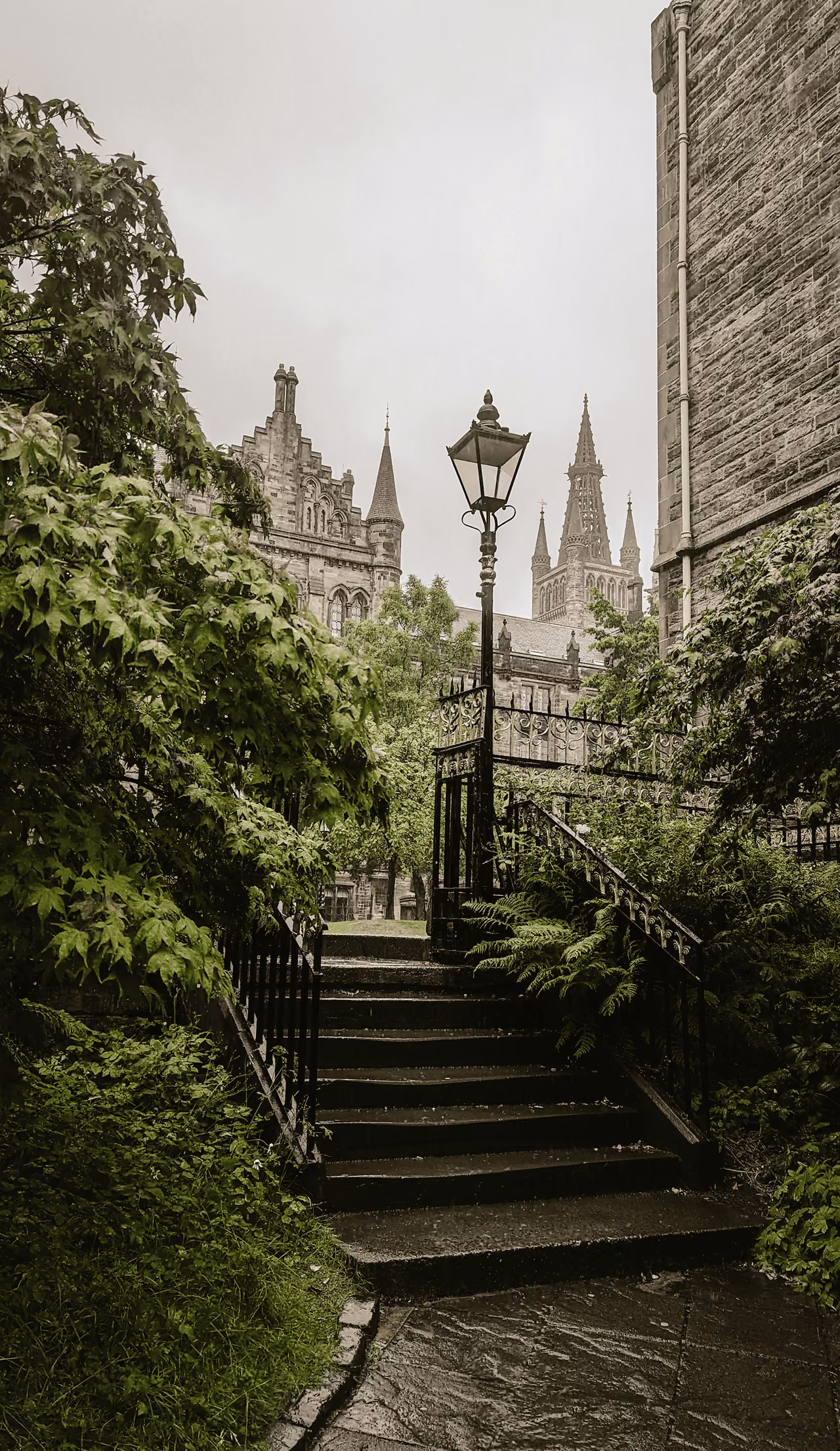 Wet stone steps with ornate iron railings and a gas lamp leading up to Glasgow University's Gothic spires on a grey rainy day
