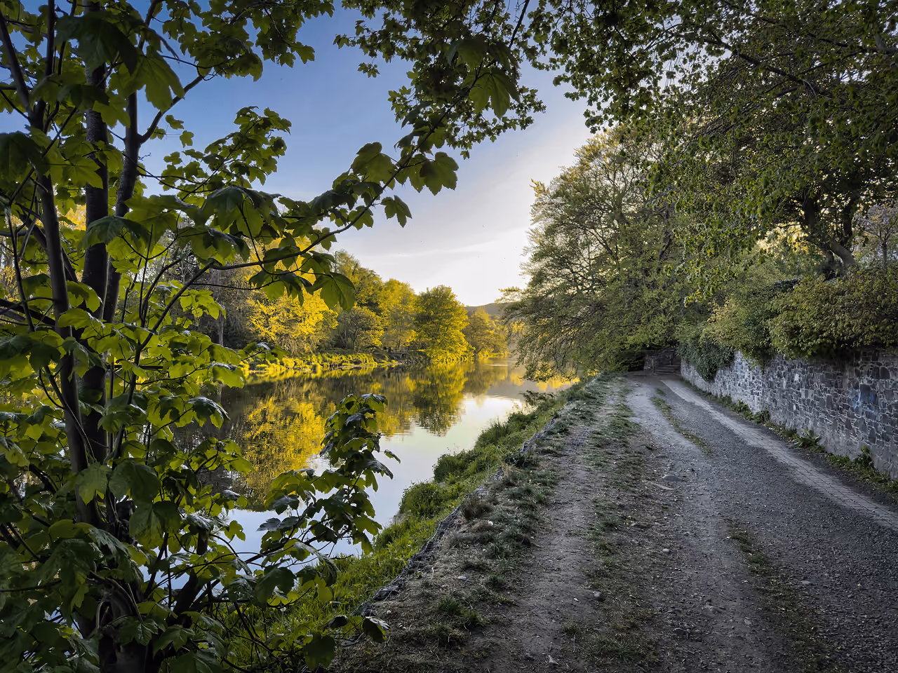 A tranquil riverside path in golden evening light with lush green trees reflected in the still water