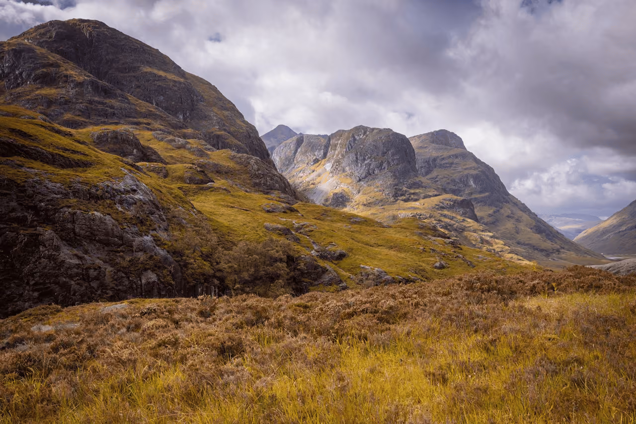 The Three Sisters viewed through a foreground of golden autumn heather and ferns with dramatic moody light breaking through storm clouds