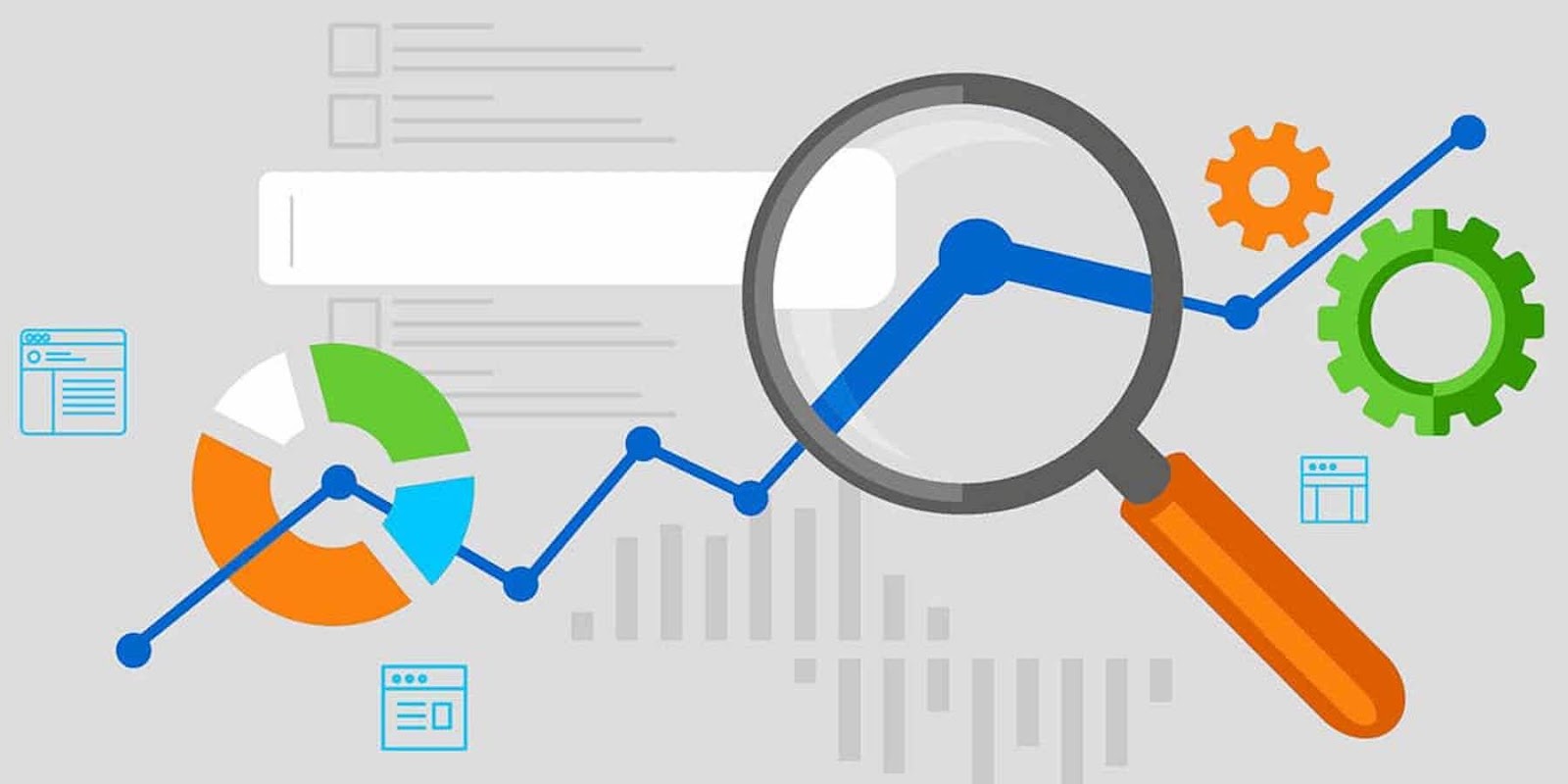 graphic with magnifying glass, gears, and graphs