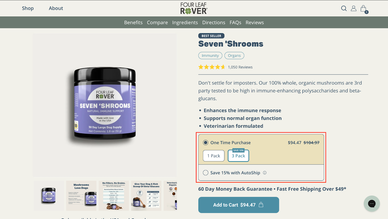 Four Leaf Rover "Seven 'Shrooms" product description page highlighting dynamic pricing