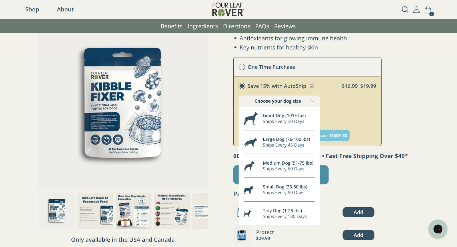 Choose your dog size dropdown option on Four Leaf Rover